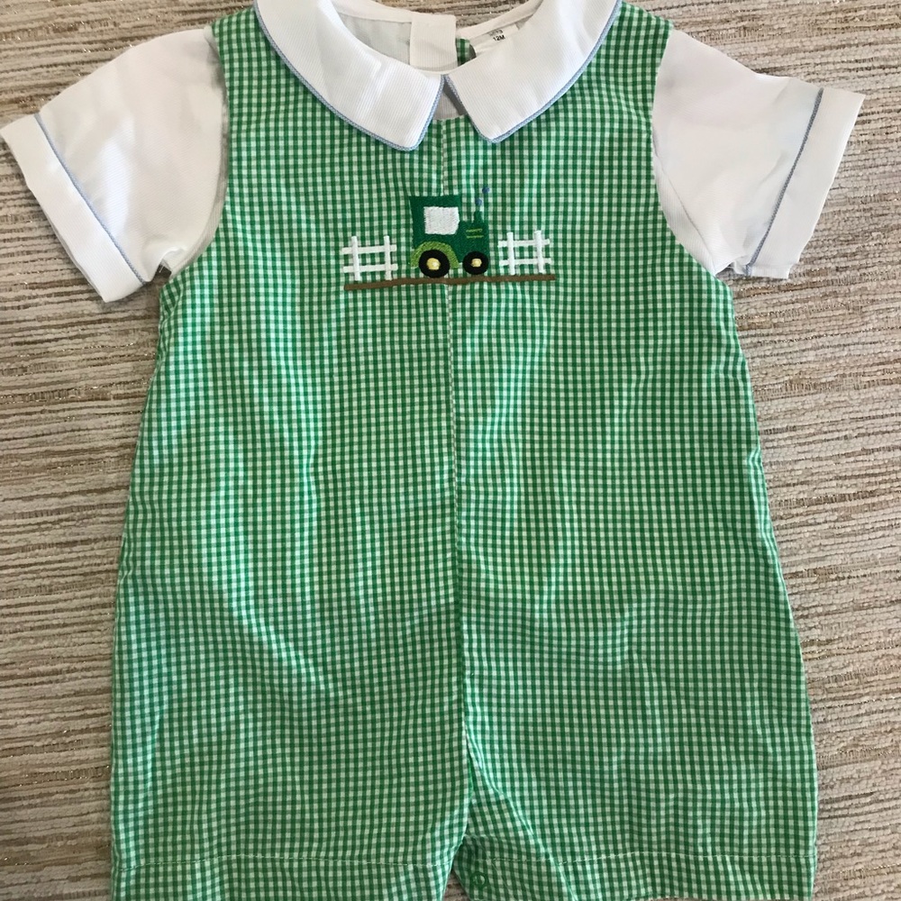 NWT Petit Ami Checkered Romper with Tractor Detail